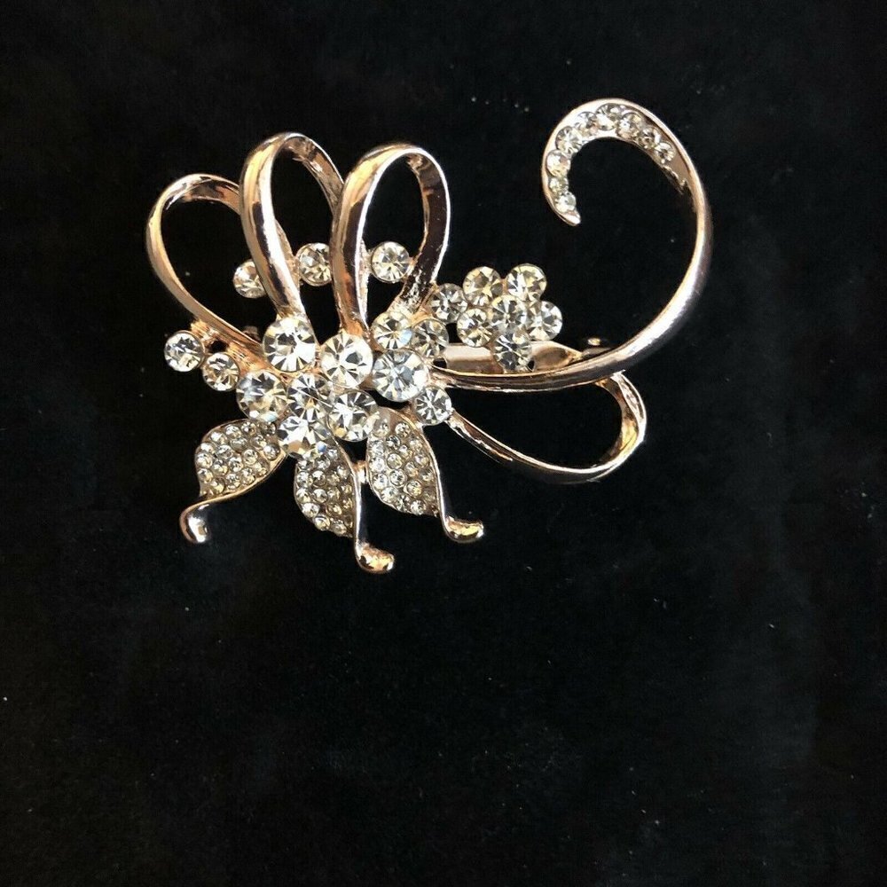 Vintage Style Brooch Antiqued Gold Tone Leaves Bow Flowers Crystals